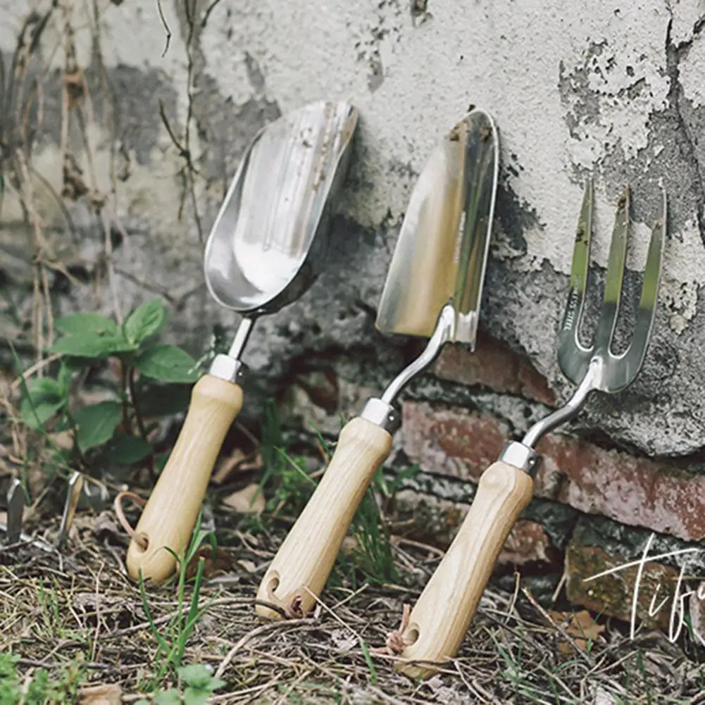 Pala de jardinería de acero inoxidable, cuerda colgante, Mini rastrillo de tres dientes, pala de excavación de jardín, herramientas manuales de jardinería