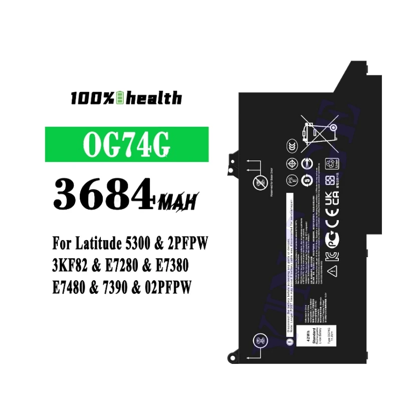 OG74G 3684mAh Laptop Battery for Dell Latitude 5300 2PFPW 3KF82 E7280 E7380 Lithium Rechargeable Battery