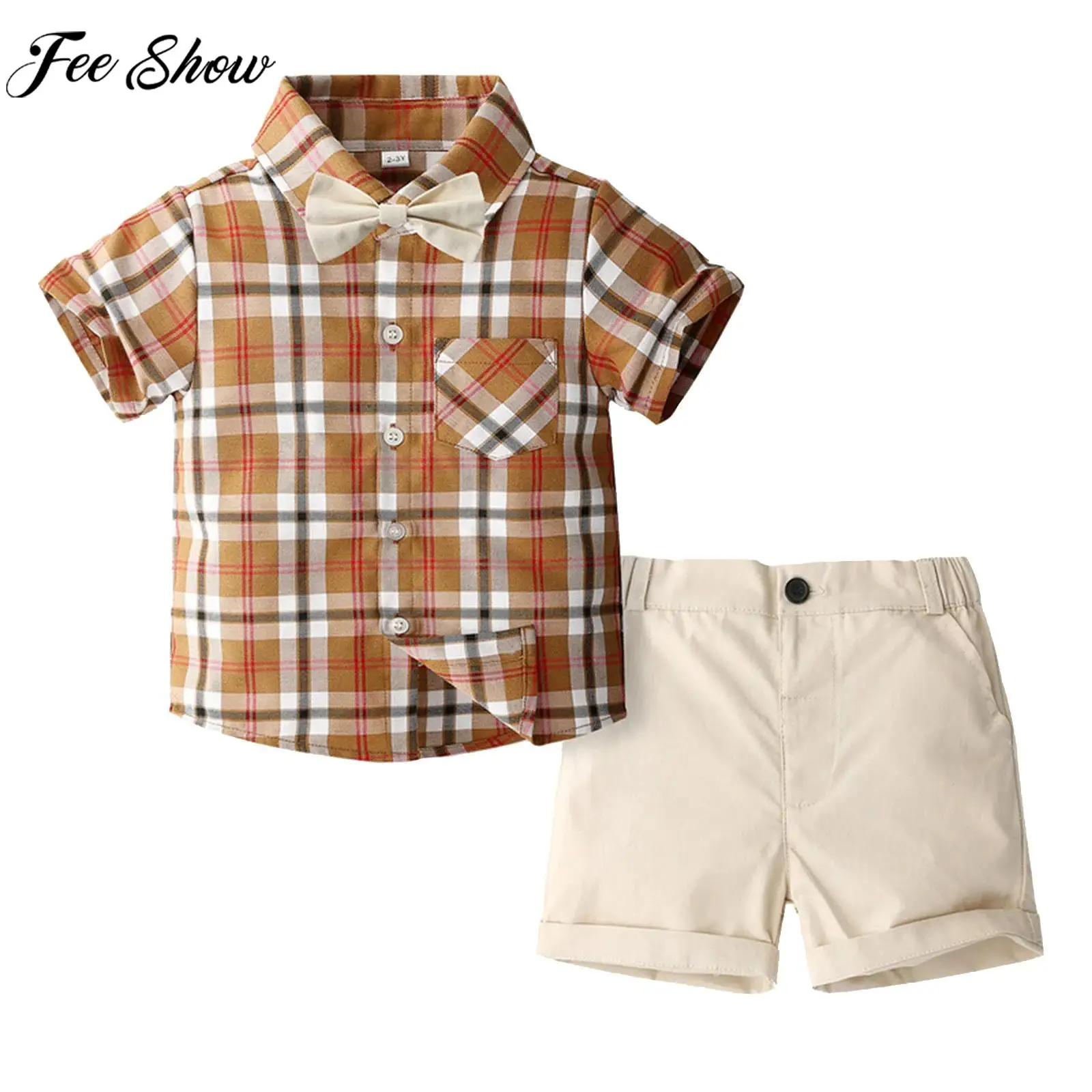 

Children Boys British Style Gentleman Suit Short Sleeve Bow Plaid Shirt with Shorts Birthday Wedding Party School Daily Outfit