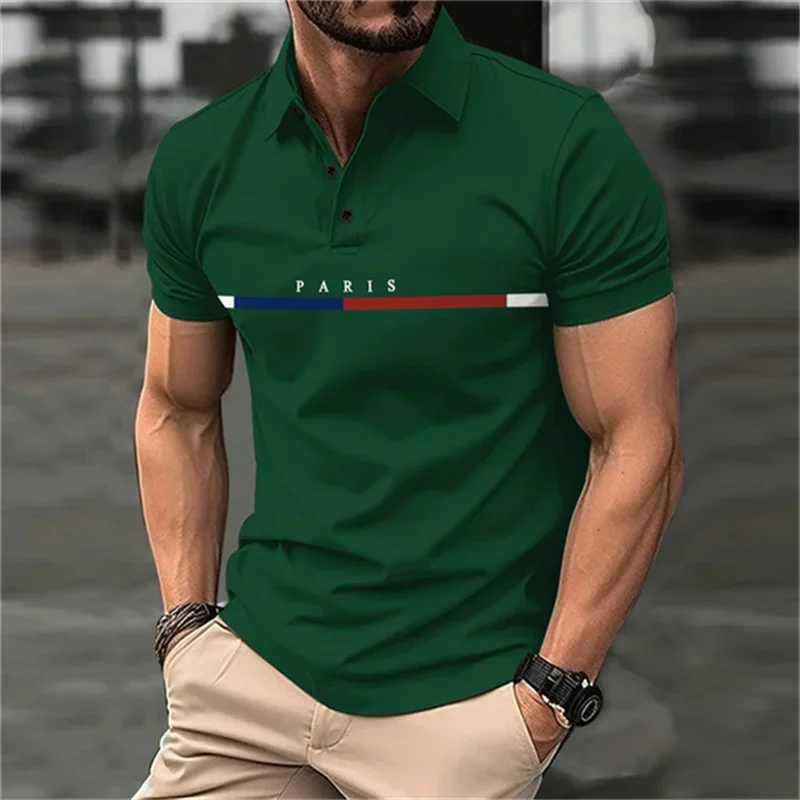 Hot Selling Boutique Men\'s Polo T-shirt Fashionable Street Lapel Button Up Shirt Breathable Comfortable Short Sleeve O-neck Top