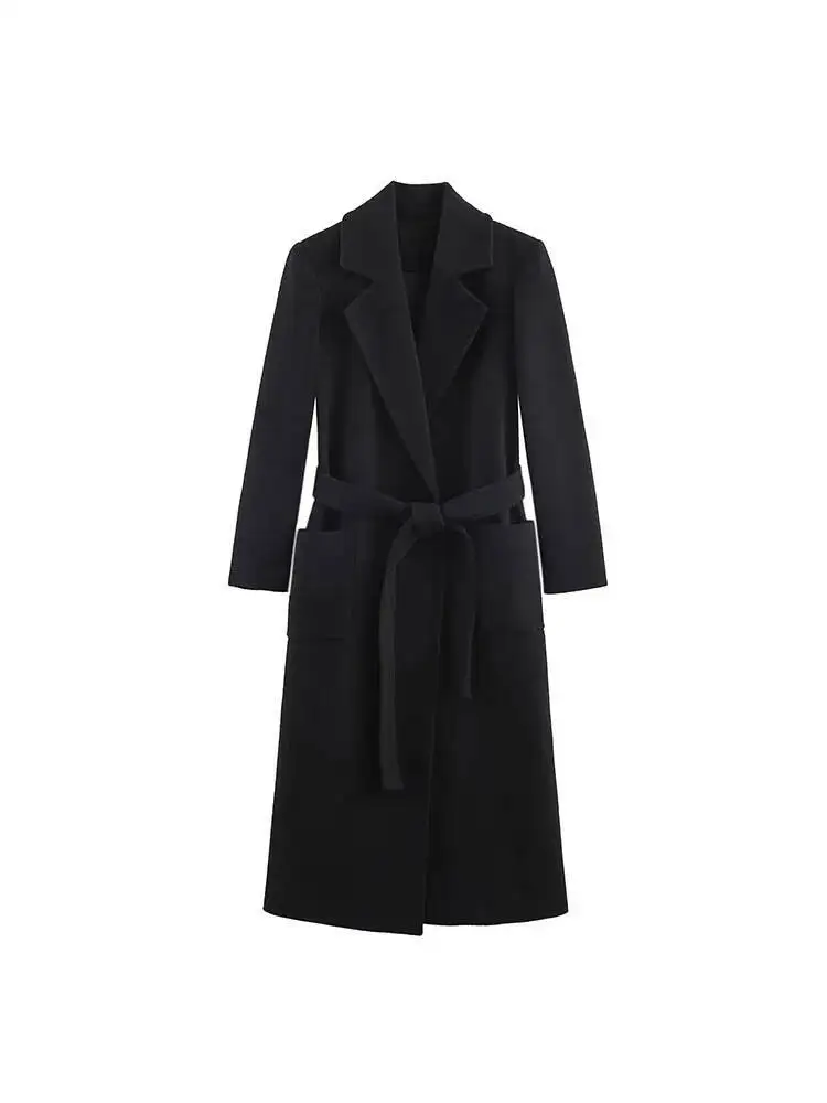 

Осень-зима 2022, шерстяные пальто, модные однотонные пояса, карманы с бантом, женская элегантная уличная шерстяная верхняя одежда, одежда