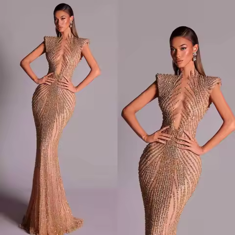 Vintage High Neck Sleeveless Evening Dresses Shiny Sequined Lace Mermaid Prom Dress Customized Floor Length Party Gown