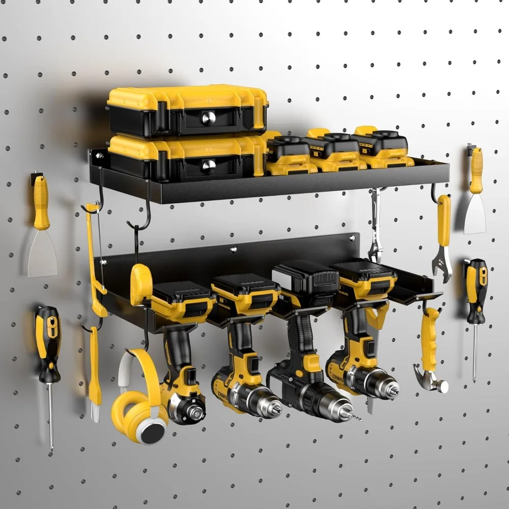 

Power Tool Organizer Wall Mount with 4 Drill Holder, Formed Integrally Heavy Duty Garage Tool Organizers and Storage with Hooks