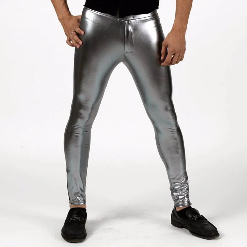 Speerise ผู้ชาย SHINY METALLIC Spandex โฮโลแกรมกางเกงขายาวซิป STAGE Performance กางเกง Skinny Dance กางเกงผู้ใหญ่ความยาวเต็ม GYM