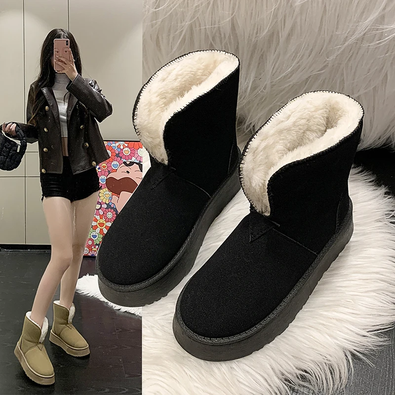 

Women New Flats Shoes Suede Platform Warm Fur Ankle Snow Boots 2023 Winter Designer Casual Plush Chelsea Boots Walkig Goth Botas