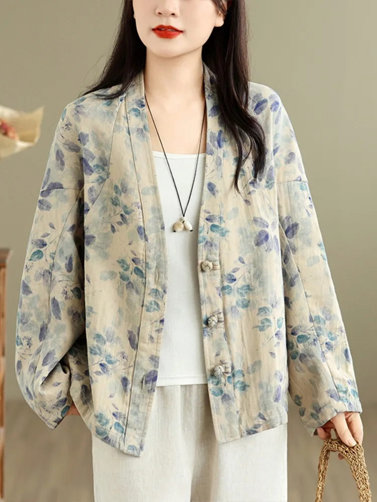  Floral Print Double Layer Cotton V-Neck Women's Jacket Autumn Chinese Style Tang Costume New Middle  Buttone...