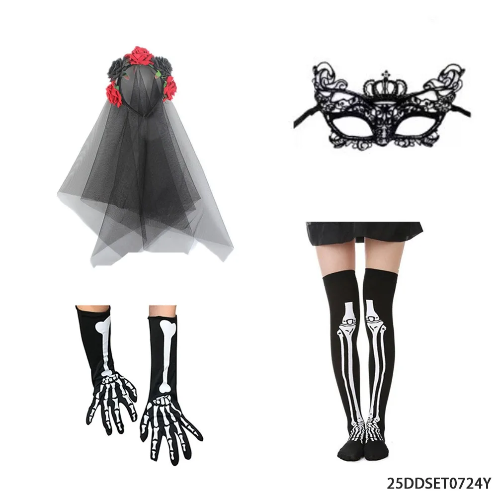 

Комплект одежды PESENAR «День мертвых» (включая черная вуаль, кружевная маска, перчатки с черепом и чулки)
