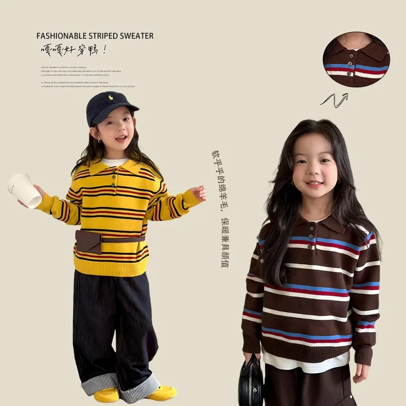

Children Clothing Korean-style Knitted Top Girls Casual Striped Fashionable Simple Kids Casual Girls Sweet Long Sleeve Sweater