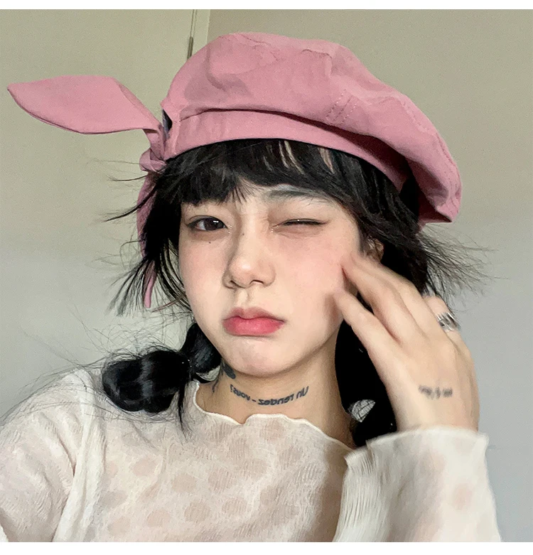 Cute Bunny Ears Painter Hat Female Art Spring/summer Thin Sweet Cool Beret Fresh British Wind Net Red Small Head Round Hat