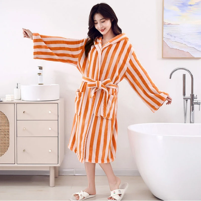 Unisex Retro Striped Long Bathrobe Women Men Casual Robe V Neck Soft Sleepwear Kimono Warm Bath Robes Coat Towel Homewear Gown