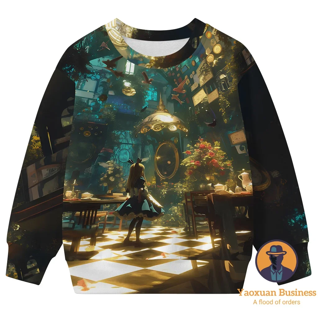 

2025 Hot Sale White Alice In Wonderland Children Boys Girls 3D Cartoon Printed Crew Neck Sweatshirt Cute Warm Windproof Autumn