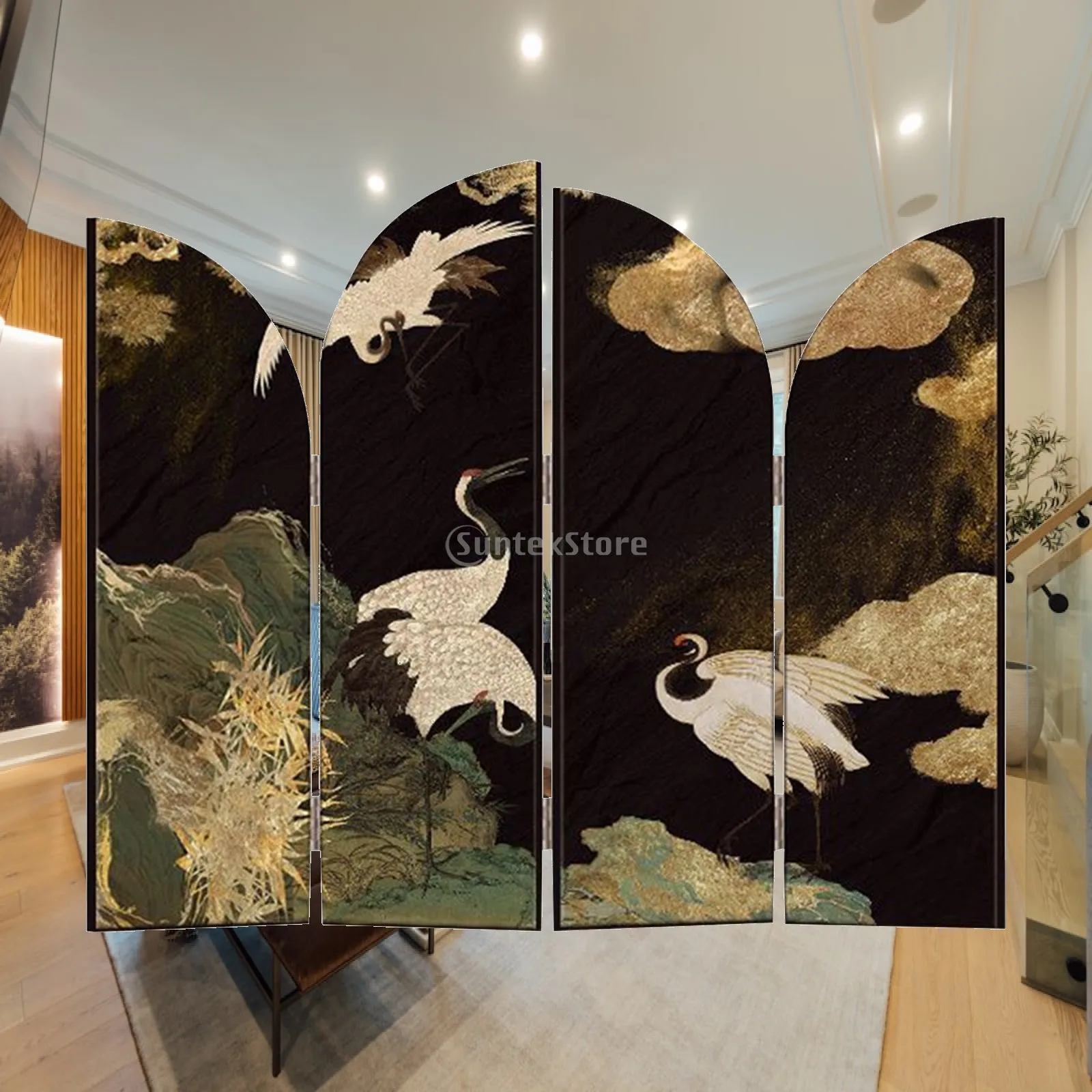 Chinese-inspired 4-Panel Screen Decor with Bird And Flower Paintings for