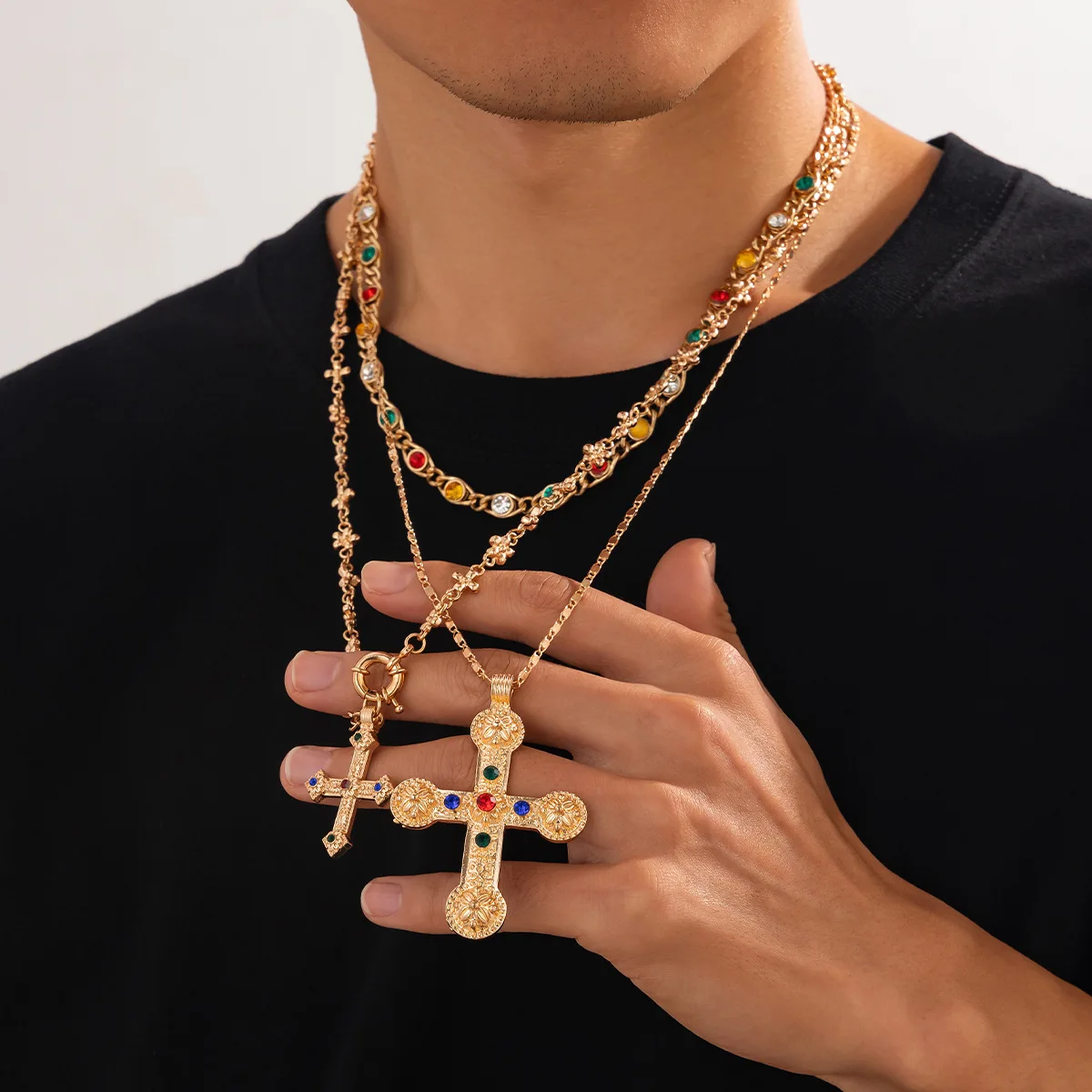 3Pcs/Set Punk Colorful Crystal Zircon Cross Pendant Necklace for Men Women Vintage Gold Color Long Chain Statement Y2K Jewelry