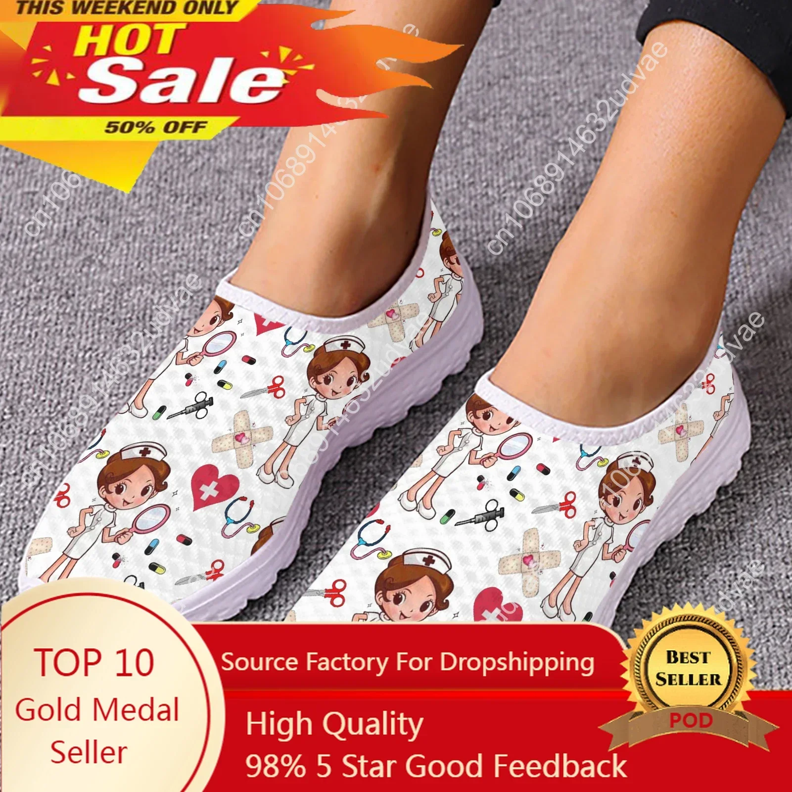 

White Flats Women Nurse Cute Cartoon Nurse Women Sneakers Comfortable Breathable Loafers Casual Mesh Walking Shoes