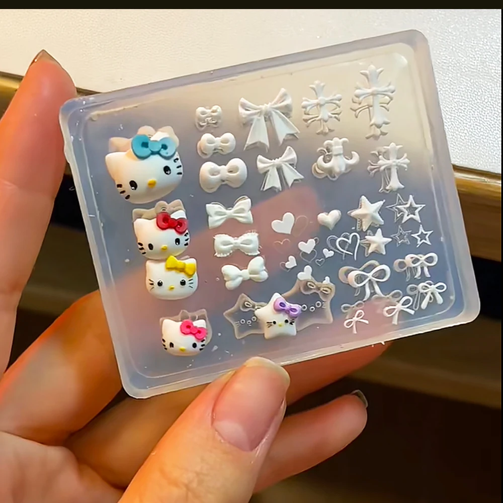 Kawaii 3d olá kitty esculpido molde de arte de unha adesivo y2k cabeça de gatinho bownot cruz coração design unhas estênceis decalques diy ferramentas de unhas