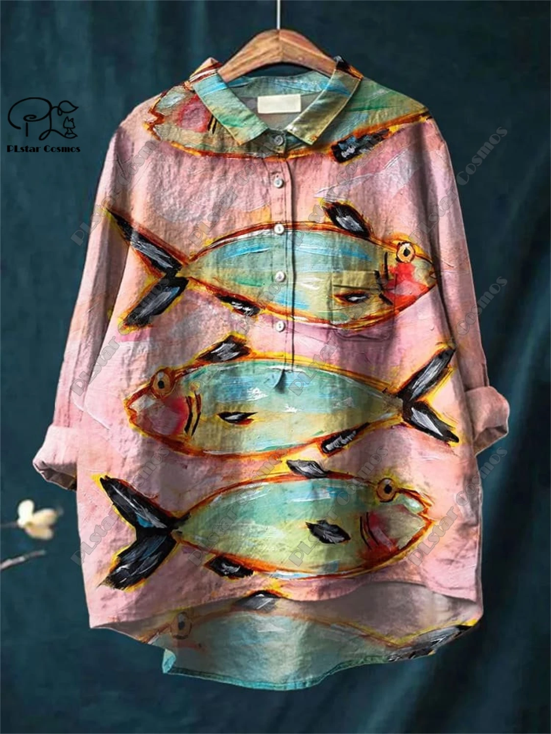 PLstar Cosmos new 3D printed carp whale sardine lobster women's fun casual loose open tube shirt K-8