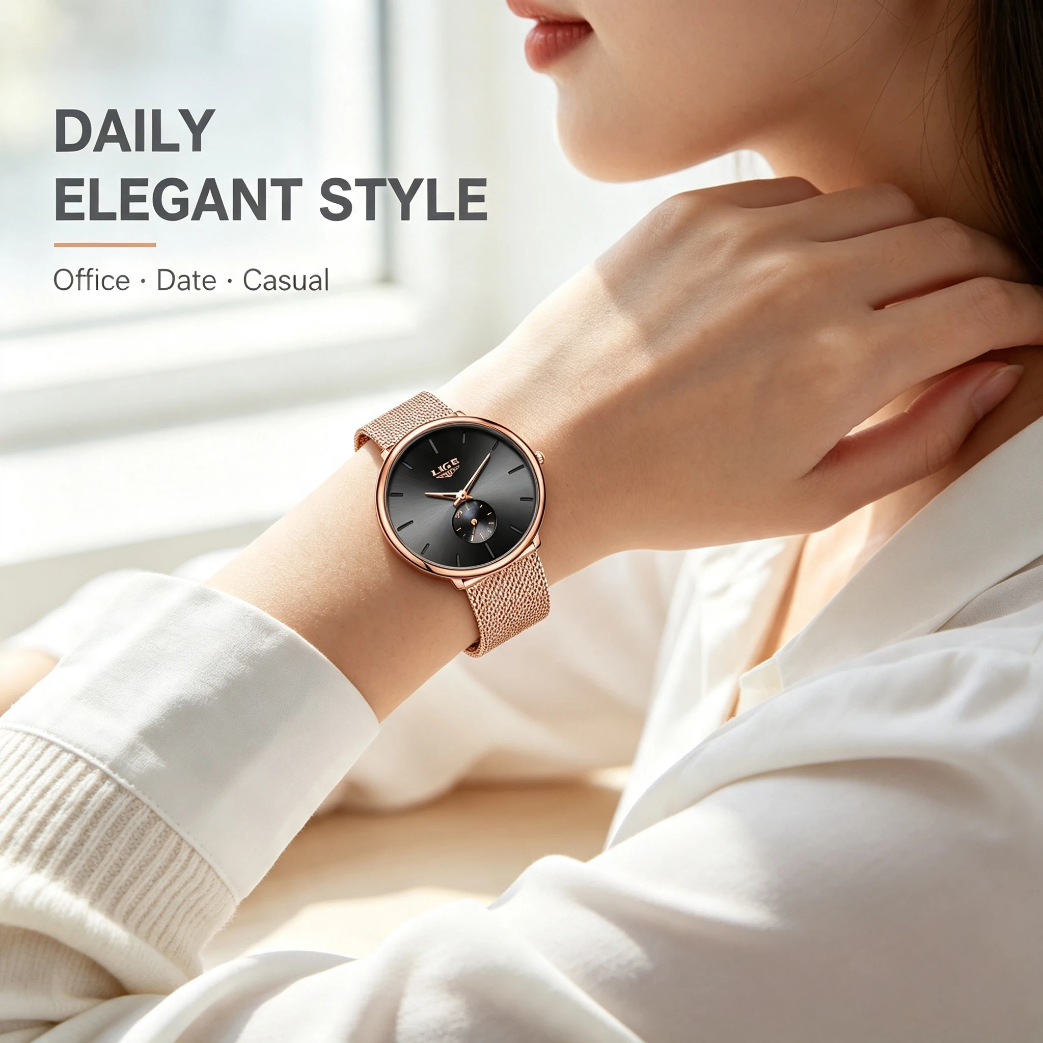 LIGE Top Luxury Watches For Women Stainless Steel Week Date Woman Wristwatch Luminous Waterproof Fashion Quartz Ladies Watch Gif