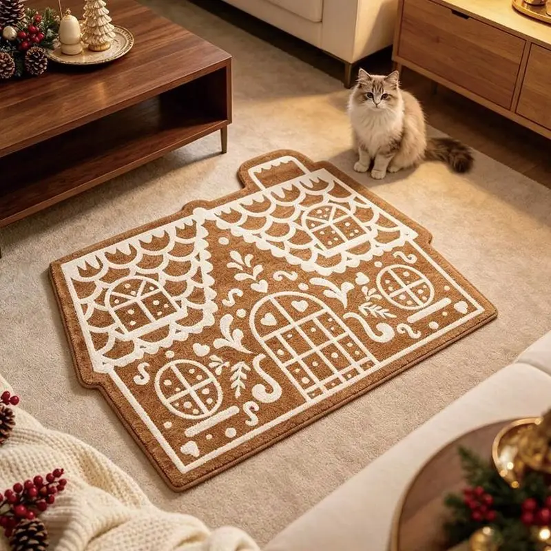 VIKAMA Reindeer Head Shaped Mat Red Nose Snowflake Holly Cartoon Cozy Winter Xmas Entryway Floor Rug Holiday Home Decor Gift