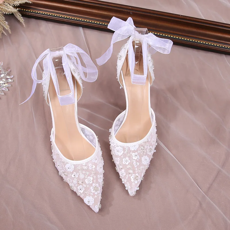 Size 33-42 2024 Summer Beaded Women White Wedding Shoes Ankle Strap Pointed High Heel Pumps