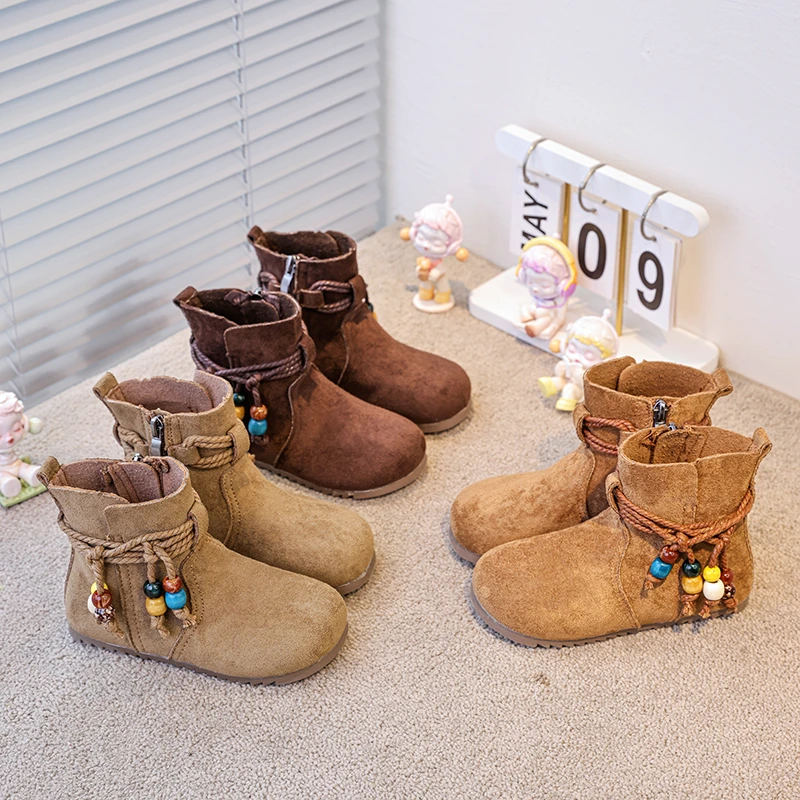 Children's Ankle Boots Casual Suede Leather Short Boots Vintage Comfortable Walking String Bead Shoes Girls Western Kids Booties