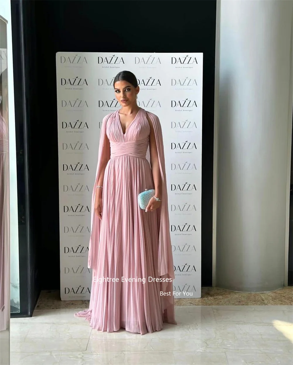 Eightree Pink Chiffon Evening Dresses V Neck Long A Line Pleat Cap Sleeves Pleat Vestidos De Gala Formal Occasion Dresses 2023