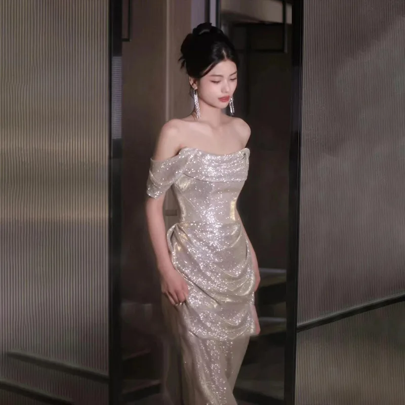 

Silver One Shoulder Evening Gown Elegant Starry Sky Sequins Engagement Banquet Host High-end Sense Toast Dress Customized