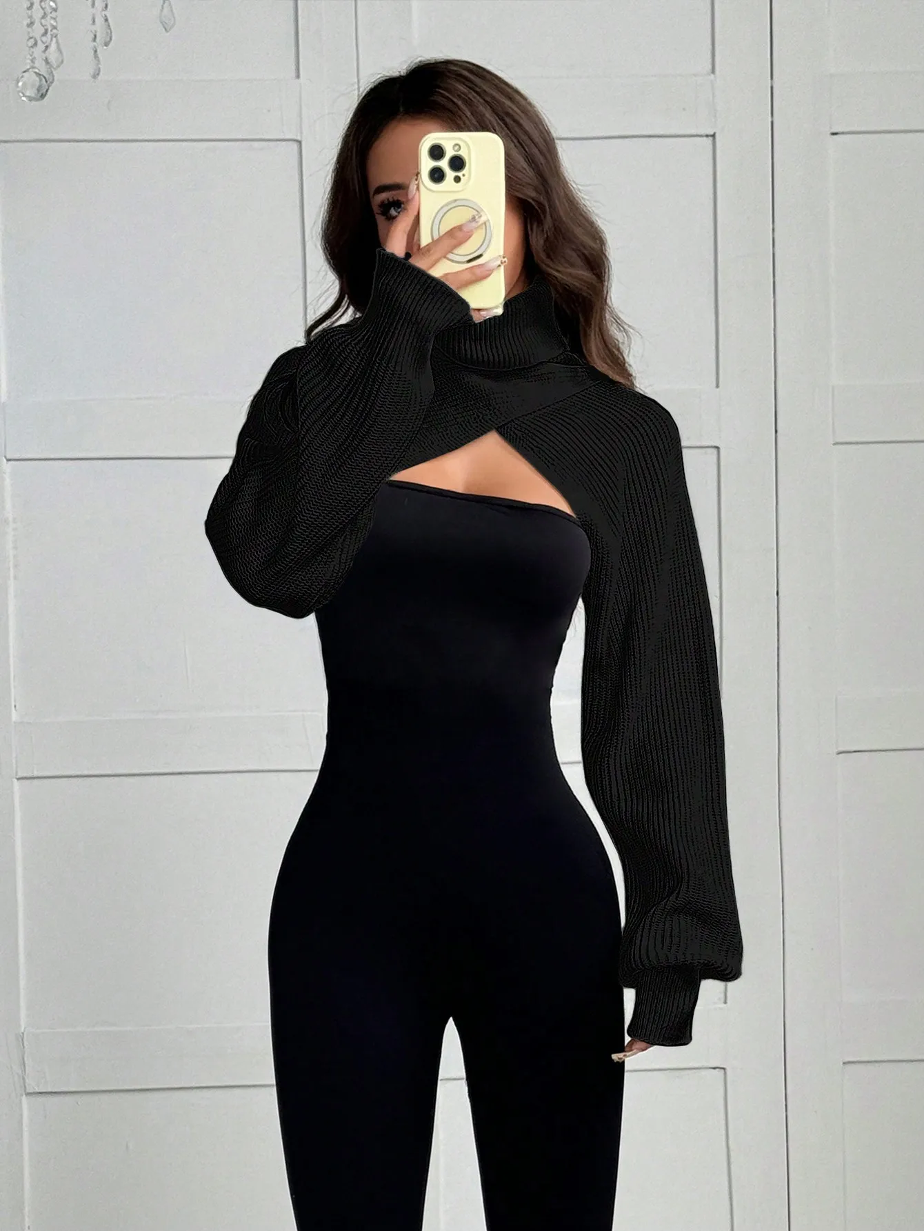 

Black Turtleneck Hollow Out Fitted Long Sleeve Knit Sweater for Fall Winter