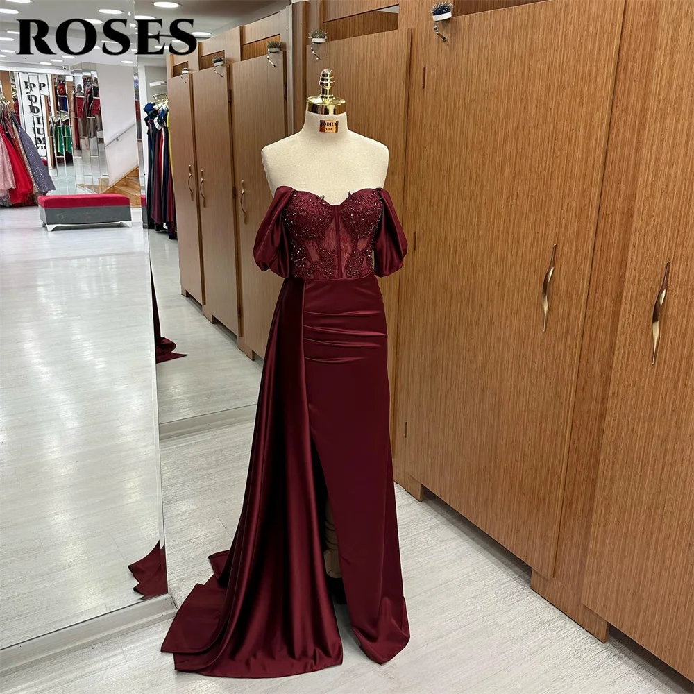 Rosen elegante burgunder Ballkleider von der Schulter Schatz Spitze Perlen Abendkleider Party kleid Falten Satin فستان س카رة