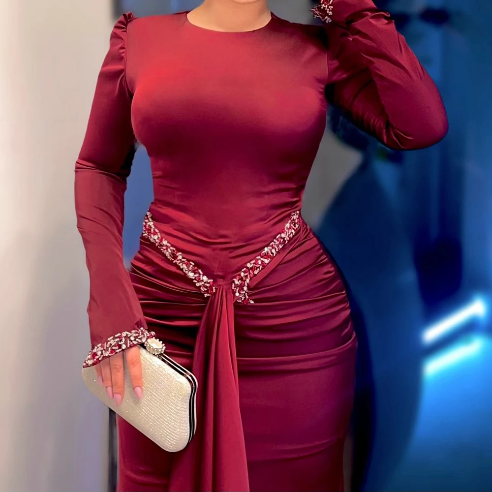 맞춤형 A라인 이브닝 드레스 바닥 길이 O넥 긴 소매 프롬 가운 패션 크리스탈 심플 드레이프 캐주얼 파티 가운