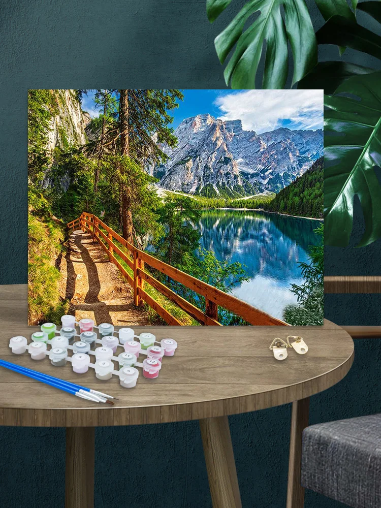 CHENISTORY Farbe Durch Zahlen Landschaften Acryl Zeichnung Leinwand Ölgemälde Durch Zahlen Bäume Und Berge Landschaft Für Erwachsene Hom