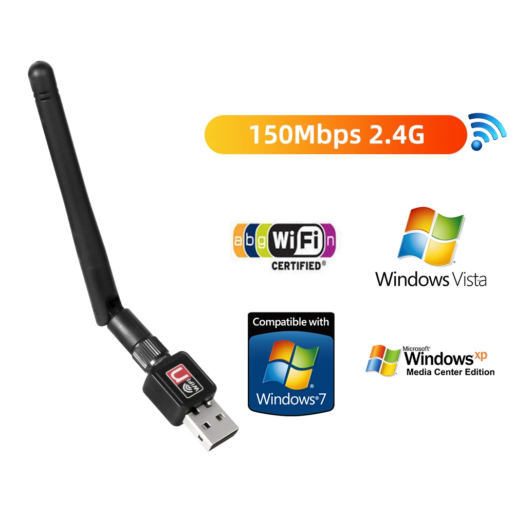 150Mbps Mini USB WiFi Adapter RTL8188 2.4GHz Wireless Network Card Wi-Fi Receiver Dongle with Antenna 802.11 b/g/n for PC Laptop