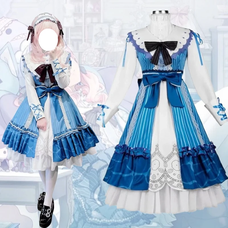 

Game Akiyama Mizuki Cosplay Blue Lolita Long Dress Uniform Costume with Wig Full Set Role Play Outfit for Women Theme Party