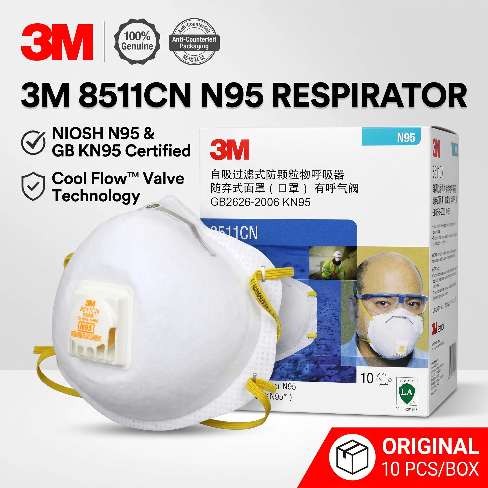 3M 8511CN N95 Dust Mask Respirator with Cool Flow Valve Disposable Safety Particulate Mask for Sanding Woodworking Work
