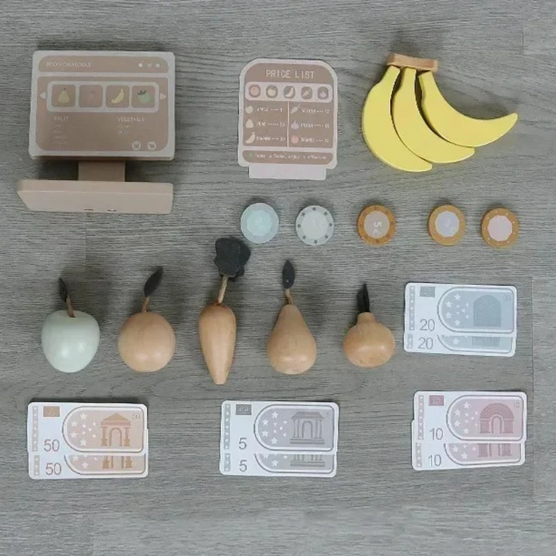 43 cm Banana Mela Pera Registratore di cassa Gioco Casa da gioco Giocattoli interattivi Legno di alta qualità Simulare supporto per frutta Regalo per bambina
