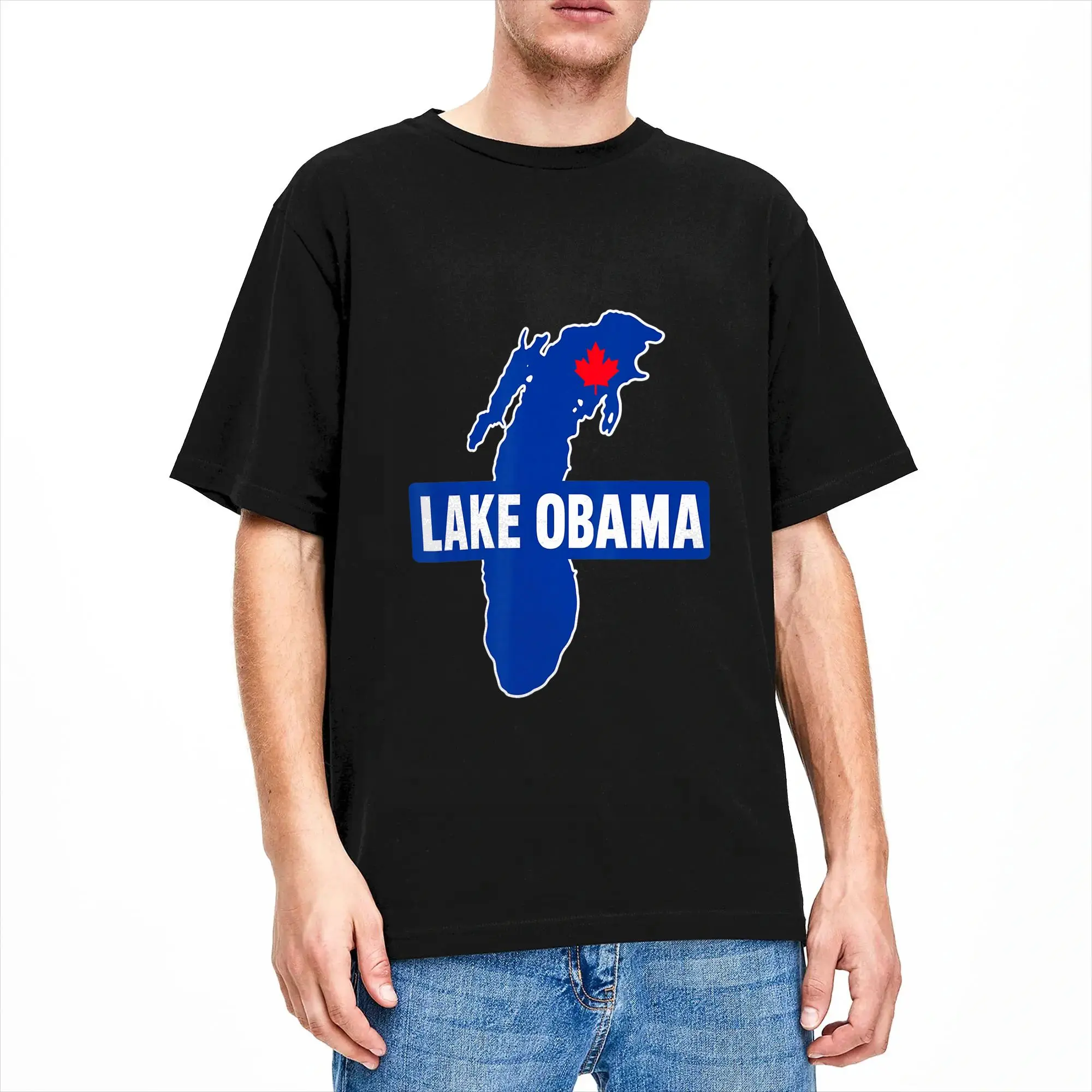 Lake Obama Canada Maple Leaf Funny Geography Lake Humor T-Shirt Summer  Cotton T Shirts For Men Loose Tee Shirt Short-Sleeve