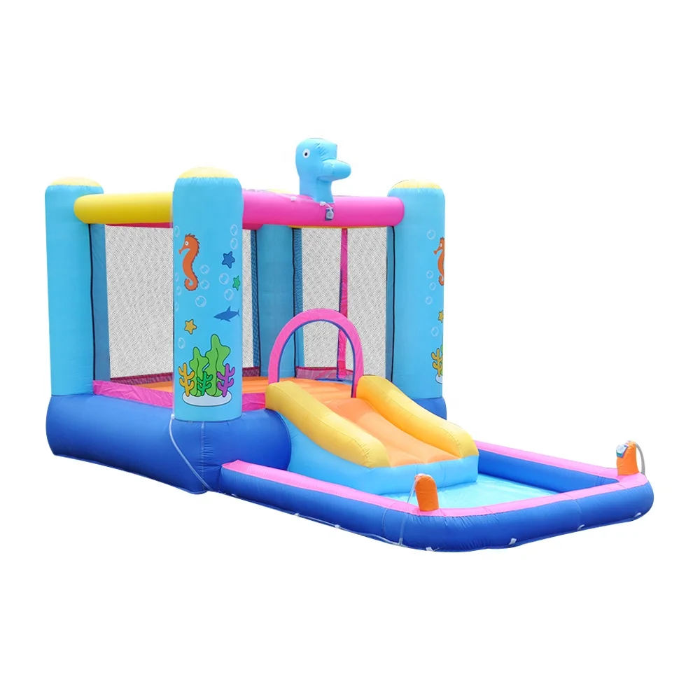 Mini inflatable bouncing house amusement water spray children inflatable seahorse bouncing castle happy jumping bed water slide