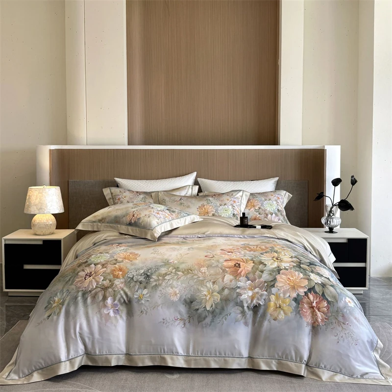 600TC Lyocell Cotton Flowers Print Bedding Set Double Queen King Size Duvet Cover Quilted Bedspread Bed Sheet Pillowcases 4Pcs