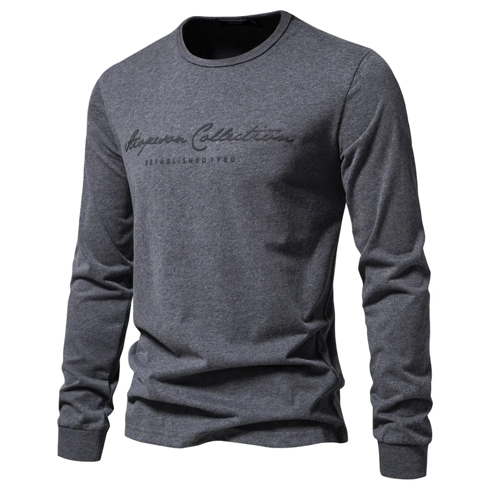 

Men's Long-sleeved New Solid Color T-shirt Casual Sports Round Neck Pure Cotton Letter Printing Long-sleeved Base Top