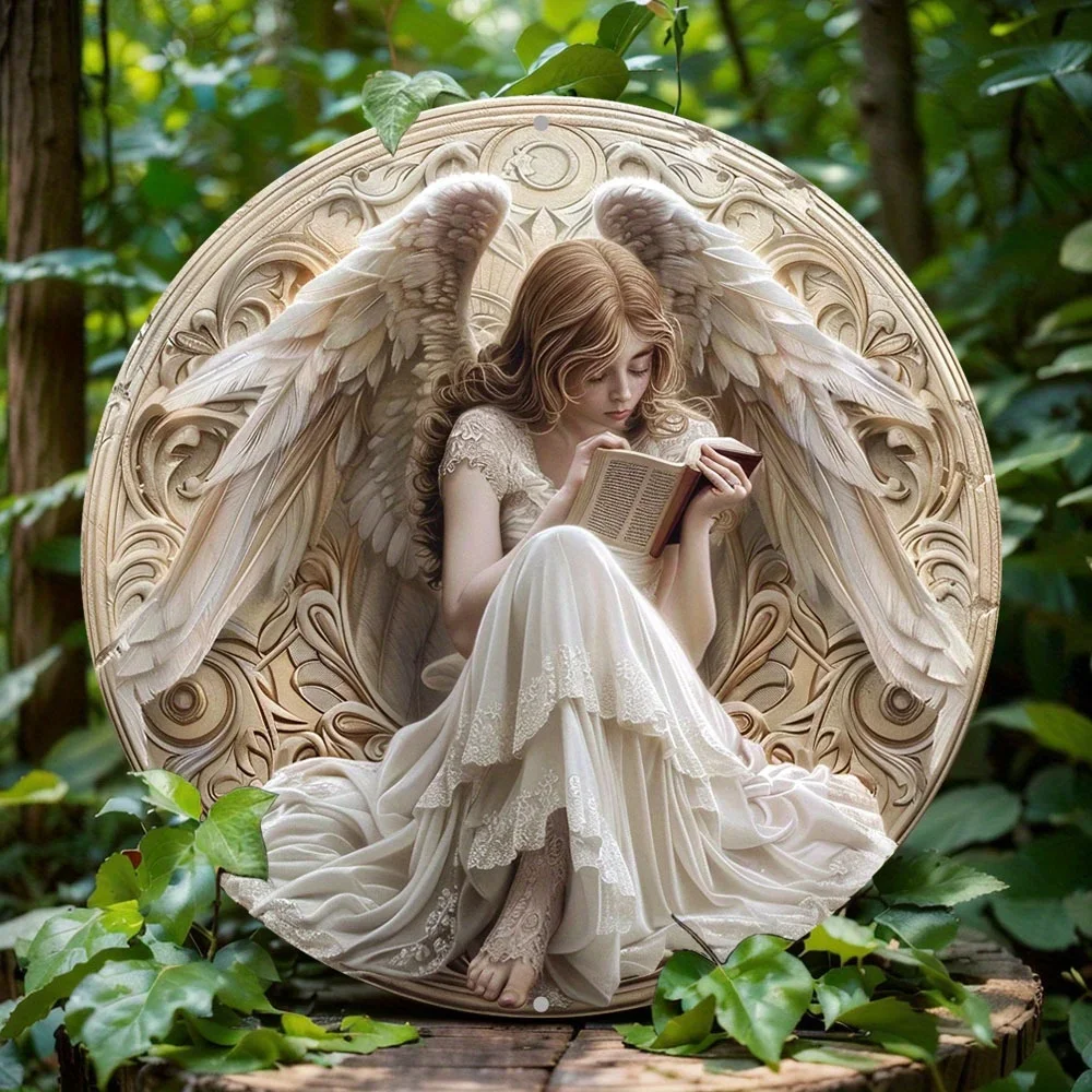 クリスマスエンジェルの丸いアルミニウムのサイン,絶妙な宗教的な,美しい壁の装飾,アート,家の装飾,フラット2Dプリント