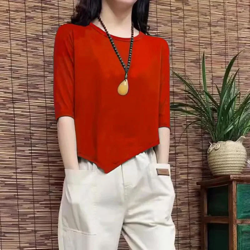 Fashion O-Neck Solid Color Asymmetrical Blouse Women\'s Clothing 2023 Summer New Oversized Casual Pullovers Loose Korean Shirt