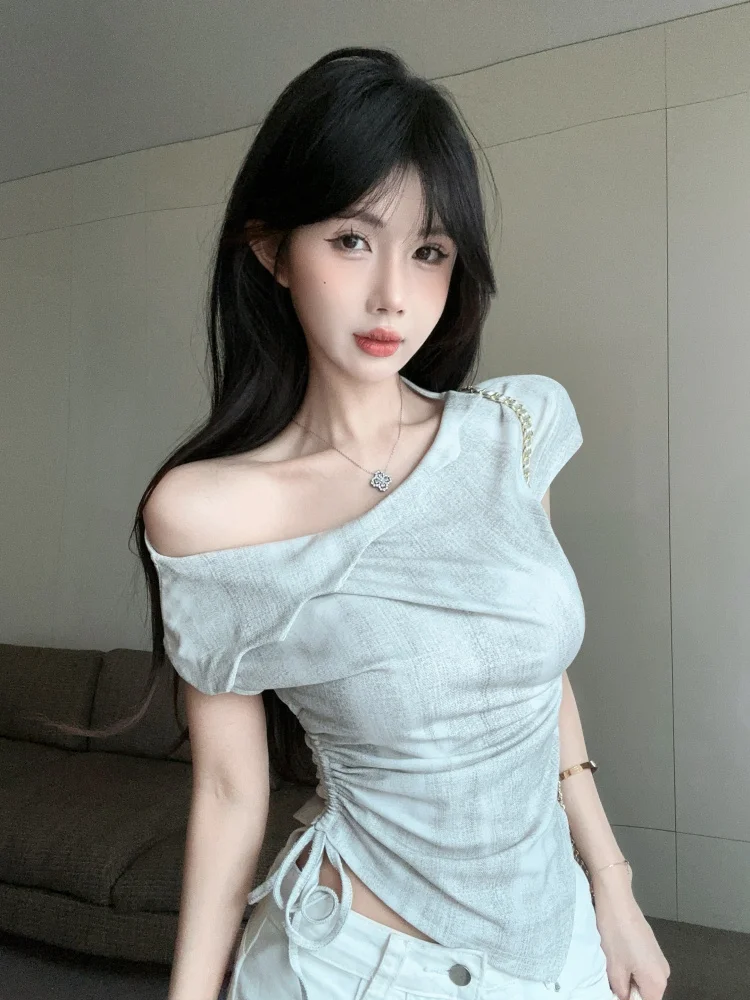 

Summer New Korean Style Pure Desire Sexy Short Sleeve T-Shirt Women's Slimming Waist Cinched Shoulder Oblique Folded Top