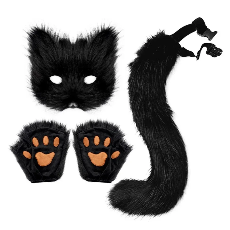 Halloween Carnival and Party Foxes Cosplay Set Including Plush Foxes Mask,Tail,Gloves Animal Dress Up Costume for Adult Cosplay