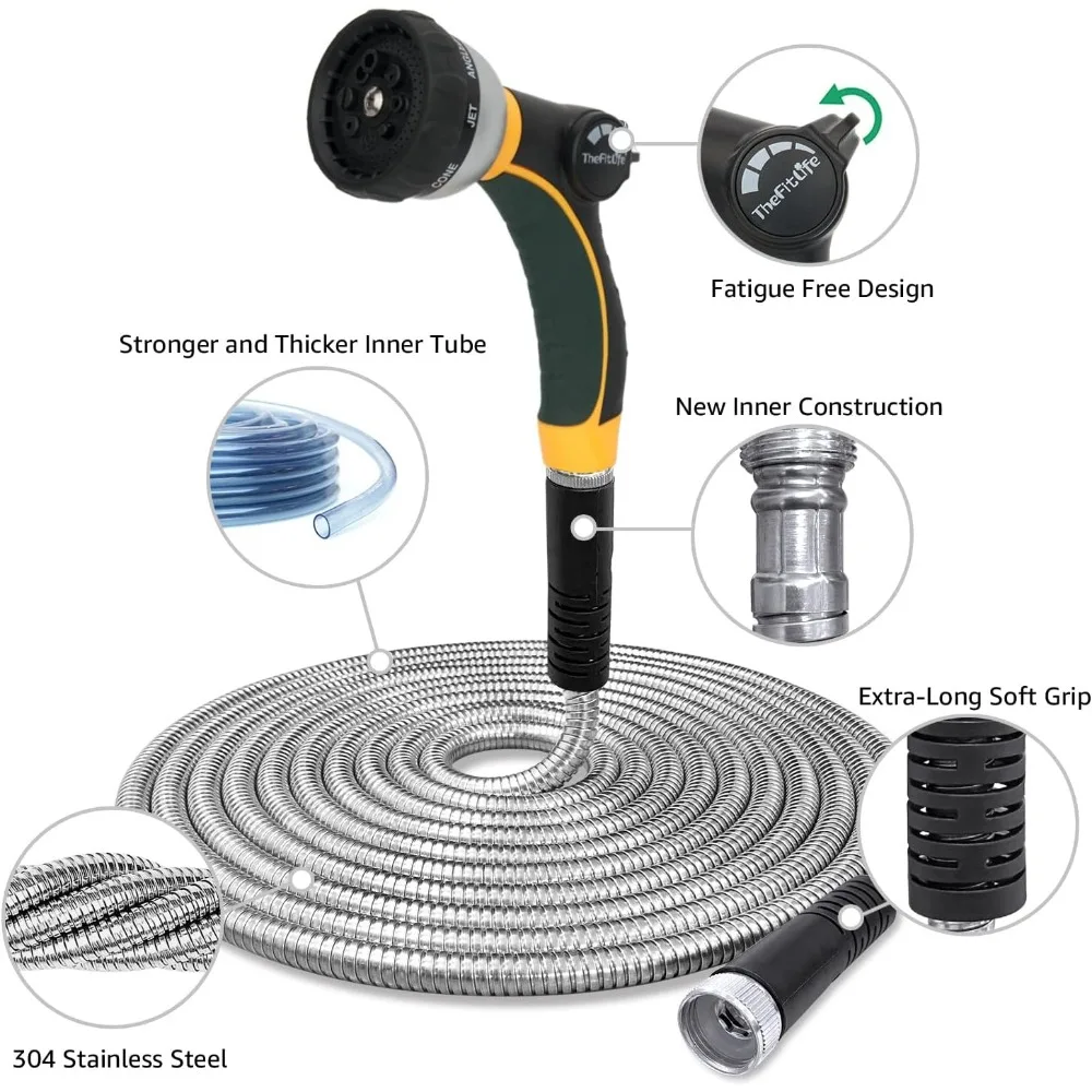 TheFitLife Flexible Metal Garden Hose - Upgrade Leak and Fray Resistant Design, Stainless Steel Water Hose