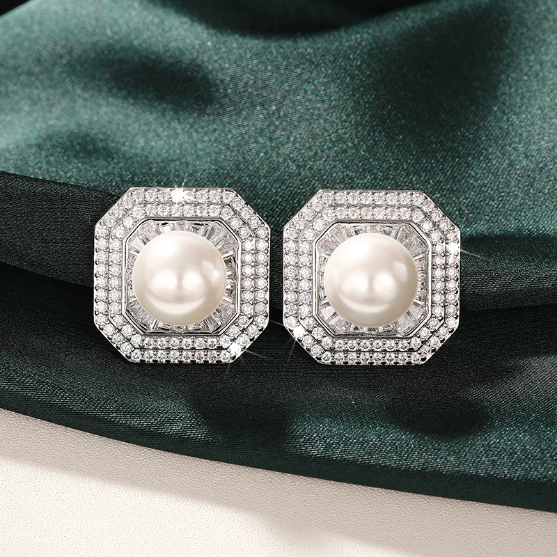 

Jianjie Dainty Imitation Pearl Stud Earrings for Women Elegant Full Paved Shining Zirconia Dance Party Square Ear Jewelry