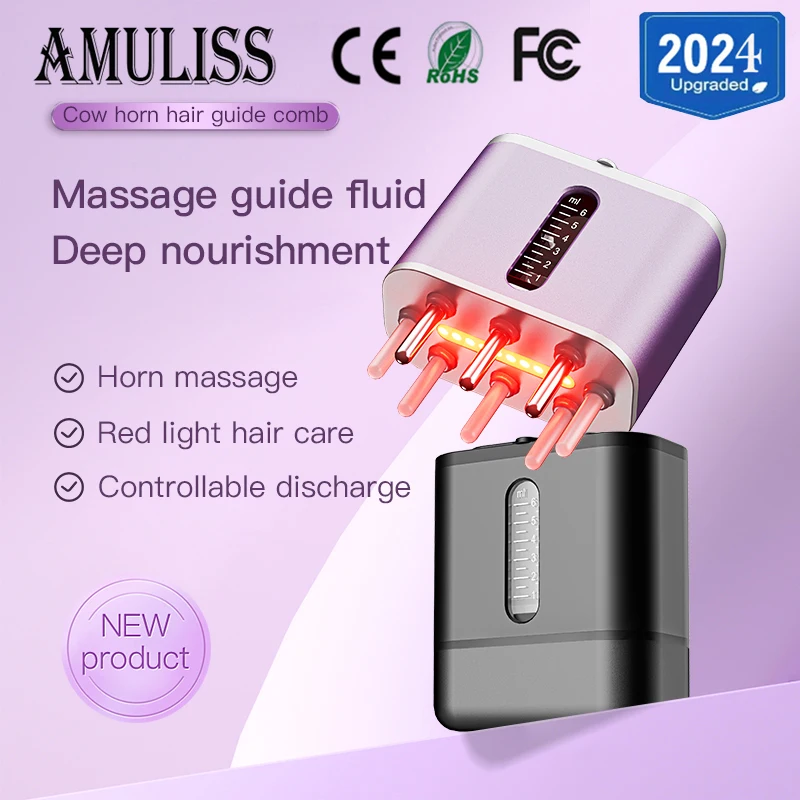 

Amuliss 2024 Scalp Massager Cow Horn Massage Comb Red Light Essence Oil Applicator Promote Hair Growth Portable Hair Guid Comb