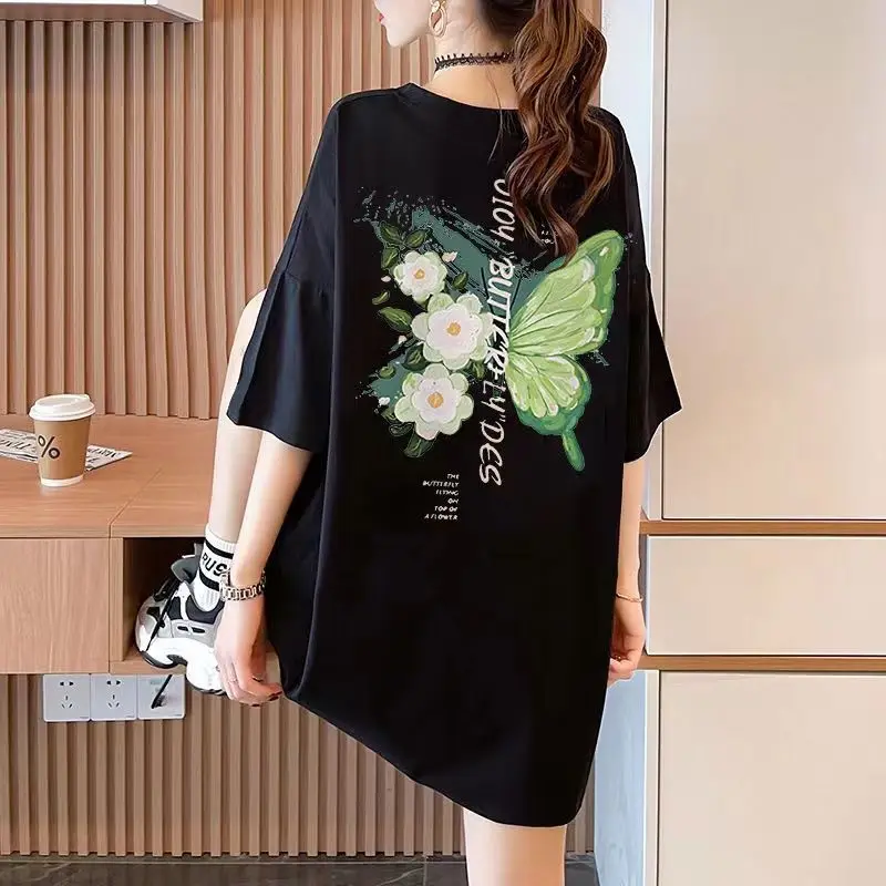 

Summer Pullover Letter Flower Butterfly Printing Round Neck Short Sleeve Loose Fashion Midi T-shirt Women's Office Lady Tops