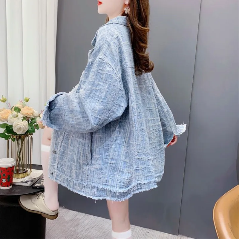 All-match Tassel Stitching Single Breasted Denim Jacket 2024 Autumn Loose Coat Women Fashion Long Sleeve Streetwear Tops Outwear