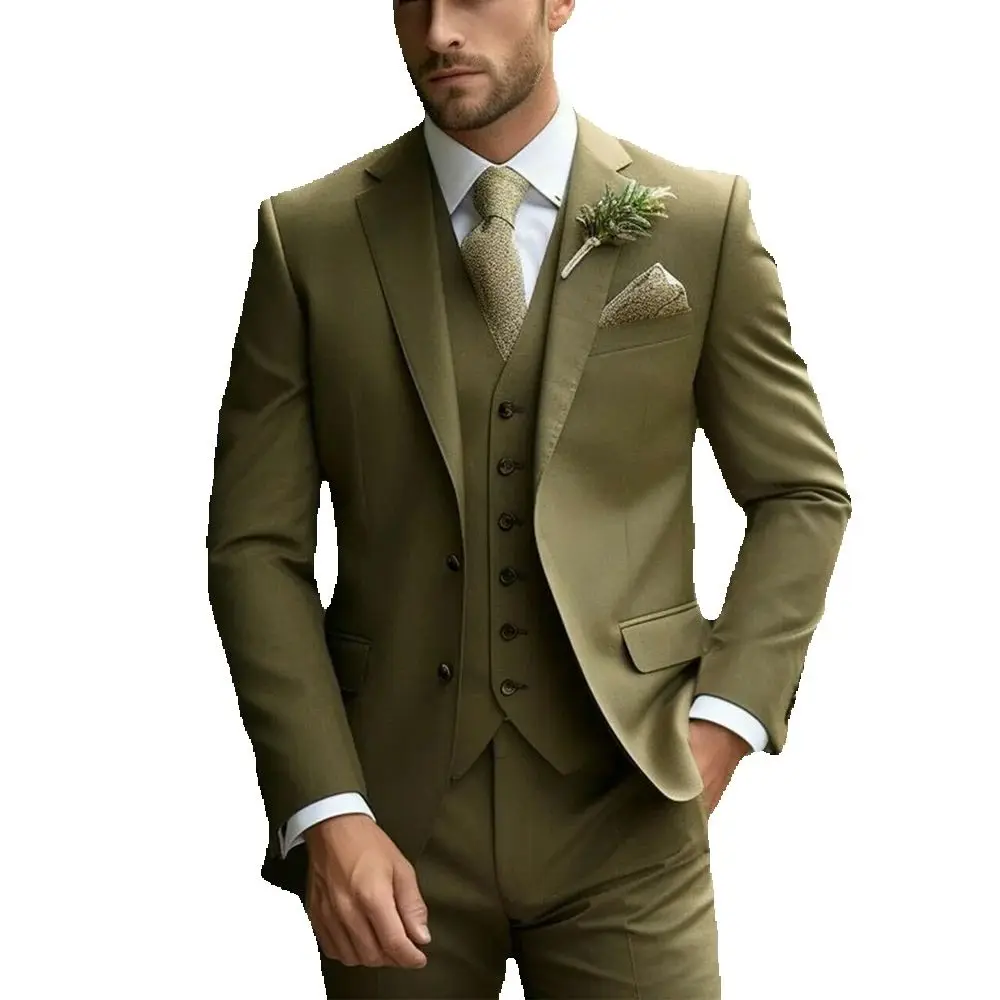 Handsome Olive Green Single Breasted Men Suit Three-pieces(Jacket+Pants+Vest) Party Prom Wedding Set