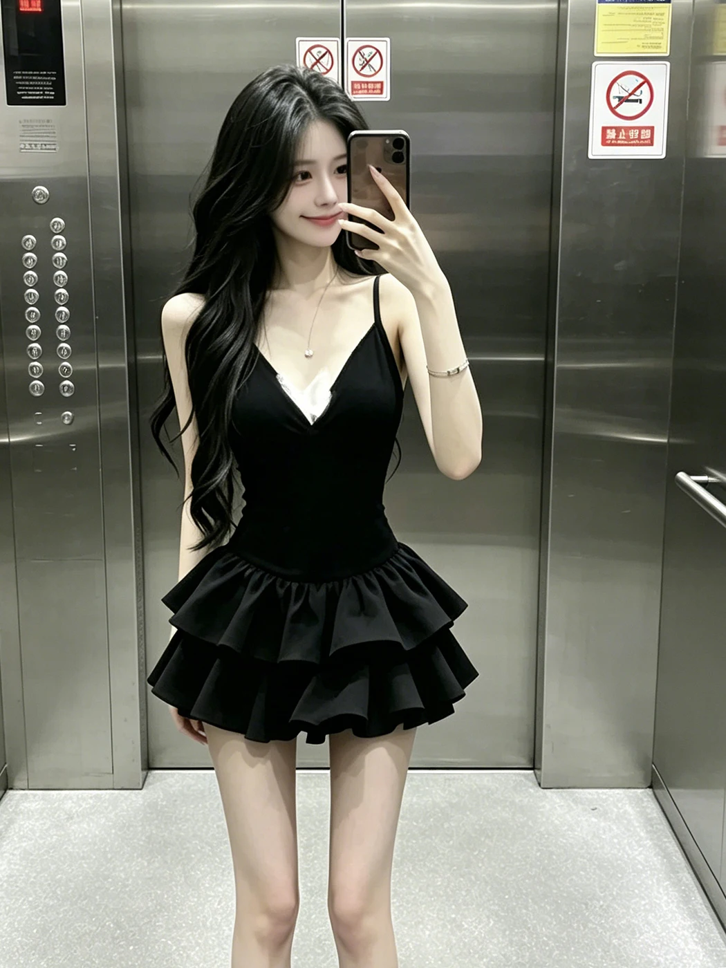 Vestido sexy negro con cuello en V y tirantes para mujer, falda corta ajustada con vuelo, estilo nuevo de verano con encaje en la cintura.