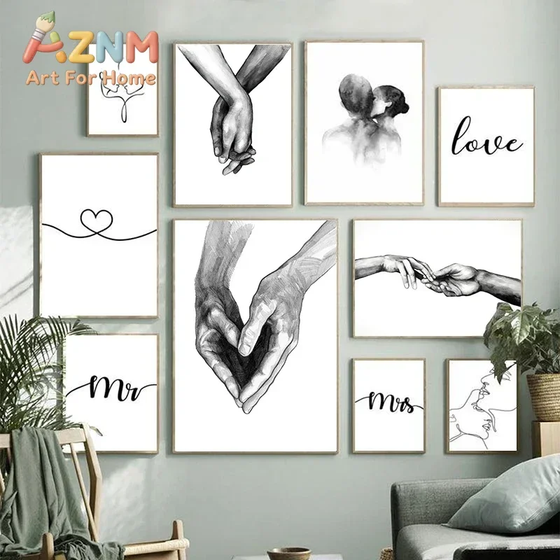 AZNM Frameless Canvas Wall Art One Line Couple Holding Hands Love Sketch Print Mr Mrs Romantic Minimalist Bedroom Decor Poster